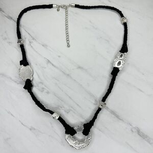 Chico's Black Braided Hammered Metal Silver Tone Necklace